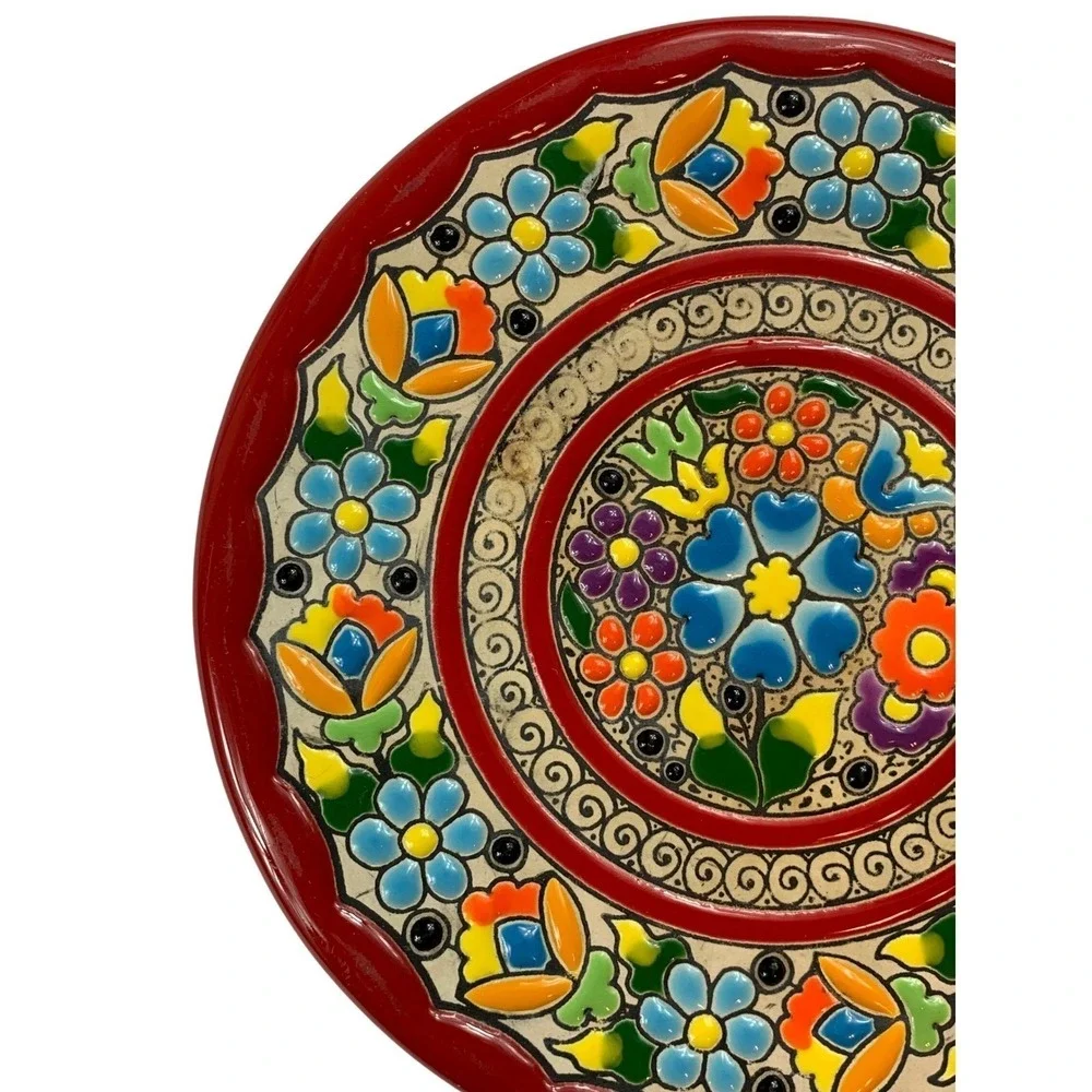 Vintage Cearco Spanish Ceramic Plate Cuerda Seca Hand Painted Floral Red